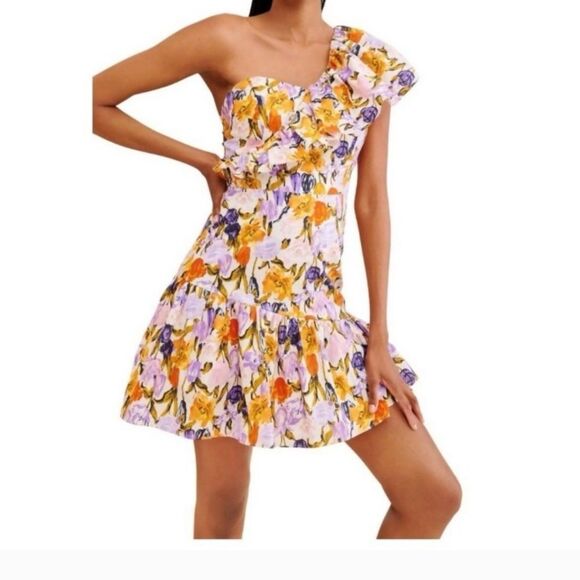 Adelyn Rae purple oj yellow & white floral 1 shoulder Kylie dress size XS NWT - Picture 1 of 4